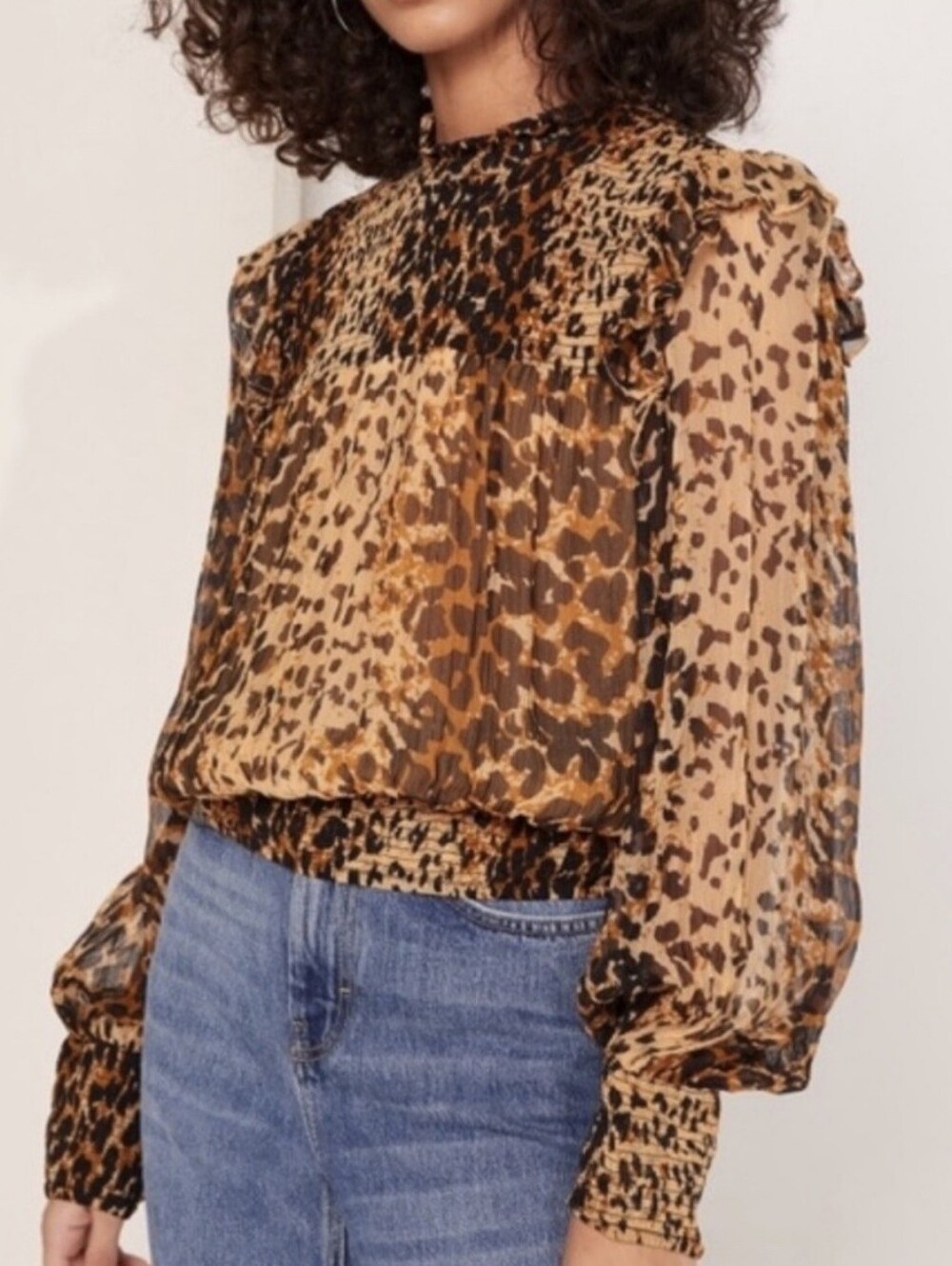 Free People Leopard Smocked Long-Sleeve Blouse - Beige & Black
